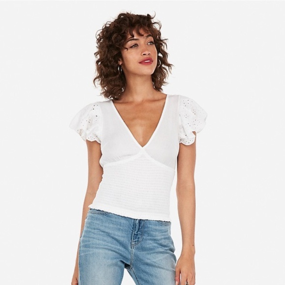 Smocked Eyelet Lace Ruffle Sleeve Plunge Top